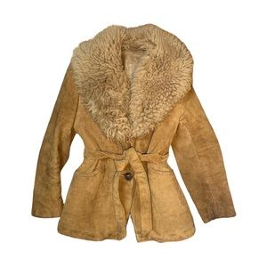 Cozy furry collar, suede leather “penny lane” coat in tan